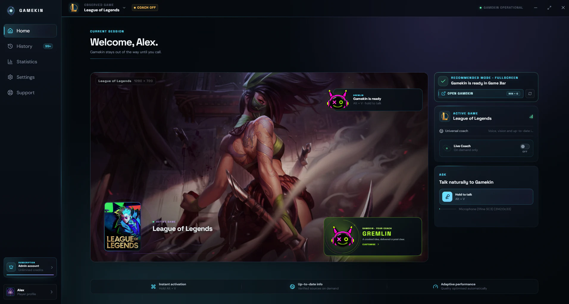 Gamekin control centre in English with League of Legends and the Gremlin coach